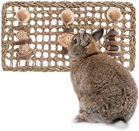 A seagrass mat with toys is a great way to keep your rabbit entertained.