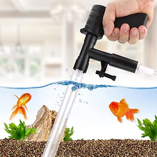 To clean your fish tank gravel without a vacuum, start by scooping out any large pieces of debris with a net.